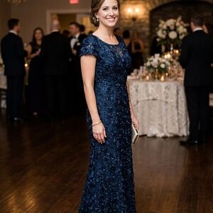 Alex Evenings Navy Embroidered Floral Lace Maxi Dress